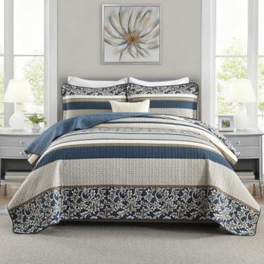 Imagem de SahSahCasa Conjunto de colcha king, 100% algodão, conjunto de edredom king, colcha acolchoada listrada, conjunto de cama king de fazenda, colcha de cama leve reversível para todas as estações, azul