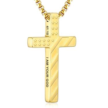 Imagem de RWQIAN Colar de cruz com bandeira americana para homens, corrente masculina com pingente de cruz e versículo da Bíblia de aço inoxidável, colar de crucifixo para cristãos, adolescentes, batismo