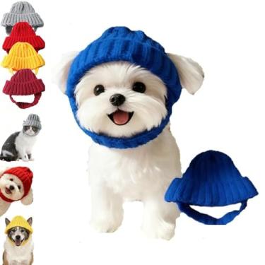 Imagem de Gorro de malha vermelha para cães com abas de orelha – Chapéu quente de inverno para animais de estimação com orifícios para orelhas, elástico macio para cães e gatos pequenos (azul, tamanho único)