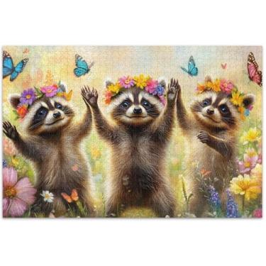 Imagem de Quebra-cabeças para adultos com flores de guaxinins fofos, 500 peças, presentes de festa de elefante branco, arte personalizada, arte de decoração de casa, 51 x 35 cm