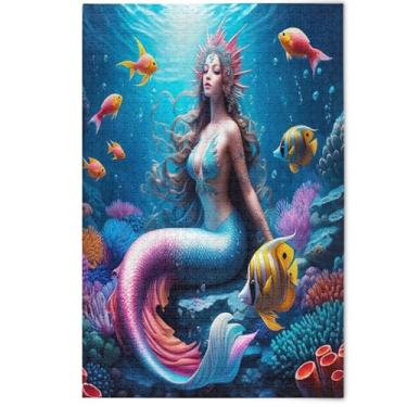Imagem de Sereia Quebra-cabeça azul colorido 1000 peças adultos decoração de arte estética pintura Prime Family Puzzles jogo engraçado, 1000 peças, 75 x 50 cm
