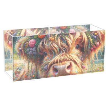 Imagem de TSENQUE Porta-lápis de mesa de acrílico de vaca Highland floral personalizado, suporte de caneta, caneta, escritório, estética, suprimentos de mesa