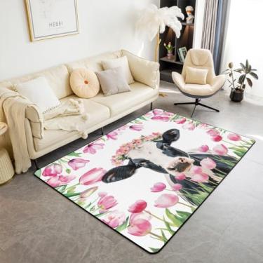 Imagem de Tapete de vaca 3D para ambientes internos 3x5 meninas rosa flor de cerejeira tulipa tapete touro gado tapete para adultos mulheres oeste fazenda animal decorativo tapete para sala de jantar, não cai