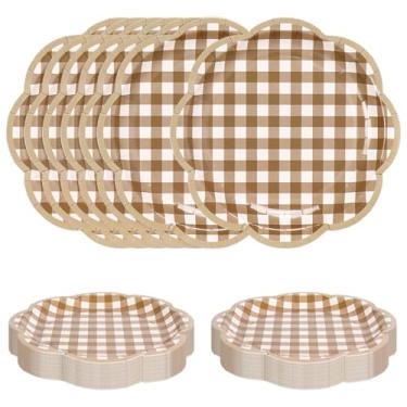 Imagem de JarThenaAMCS 60 peças de pratos de papel xadrez marrom guingão, pratos de sobremesa, 18 cm, marrom, branco, recortado, quadriculado, descartável, prato de jantar decorativo para aniversário, chá de
