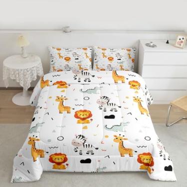Imagem de Feelyou Jogo de cama solteiro com desenho de animais fofos, leão, girafa, zebra, zoológico, animal, para quarto de crianças, meninos, meninas, vida selvagem, ultramacio, respirável