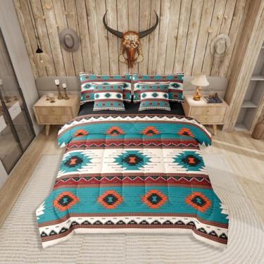 Imagem de Jogo de cama queen étnico tribal flecha 7 peças, cama asteca rústica do sudoeste em uma bolsa, azul-petróleo laranja bege inclui edredom, conjunto de lençol, fronhas e fronhas, decoração de quarto