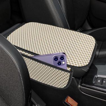 Imagem de ongfuwu Capa de console central de carro, capa de apoio de braço de seda gelada de resfriamento de 12,4" × 7,5 cm para carros, almofada de apoio de braço automotivo respirável com bolso de