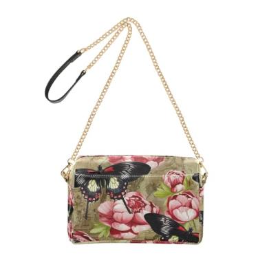 Imagem de Joitme Bolsa feminina de borboleta floral com flores rosas, bolsa tiracolo para celular, linda bolsa de ombro de couro sintético com alça de corrente