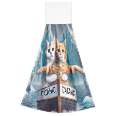 Imagem de Joisal Toalhas de mão de cozinha Titanic Kitten com laço para pendurar toalhas de dedo para forno, conjunto de 2 toalhas de cozinha fofas macias absorventes decorativas, 46 x 35 cm