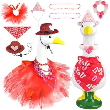 Imagem de 2 conjuntos de roupas de ganso do dia dos namorados, 7 peças de roupas românticas de coração vermelho para varanda de 23 polegadas de cimento alto, estátua de ganso, vestido de fantasia de ganso para