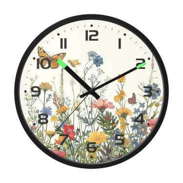 Imagem de SEHANY Herb Wildflower Relógio de parede silencioso sem tique-taque relógio redondo operado por bateria 30 cm controle de som luz noturna relógios de parede para sala de estar, cozinha, quarto