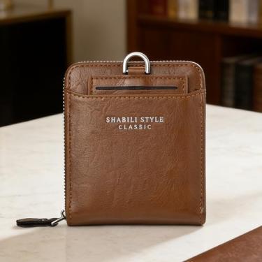 Imagem de Carteira masculina de couro curta com zíper, casual cáqui com zíper (Cáqui)