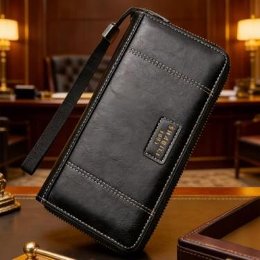 Imagem de Carteira masculina, carteira longa de couro com zíper, design multifuncional com grande capacidade, vários compartimentos para cartão de crédito e bolso seguro para moedas (preto)