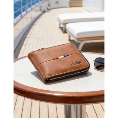 Imagem de Carteira masculina casual dobrável de couro, design de acesso rápido (marrom claro)