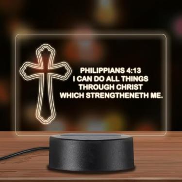 Imagem de Werthy Christian Cross Placa de luz noturna acrílica com versículos da Bíblia Provérbios 3:5 e Filipenses 4:13. É um ótimo presente de aniversário ou Natal para pais, mães e outros familiares e amigos