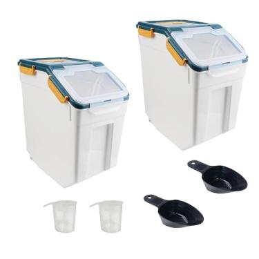 Imagem de MXCELL Pacote Com 2 Dispensadores De Arroz 50 Lb, Suporte Grande E Hermético Para Farinha, Recipiente Armazenamento Ração Cães 25 Plástico Grãos Colher Copo Medidor Bancada Despensa Cozinha (Azul)