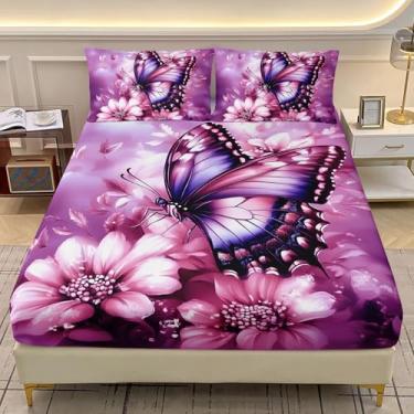 Imagem de AILONEN Jogo de lençol casal de borboleta roxa com 2 fronhas, margarida rosa floral, 3 peças, para mulheres e meninas, conjunto de lençol de cama com flores de luxo para decoração de casa