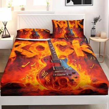 Imagem de AILONEN Jogo de lençol com tema de guitarra flamejante de música rock, microfibra ultramacia, resistente ao desbotamento, 3 peças, tamanho solteiro GG, decoração de quarto para meninos, adolescentes e
