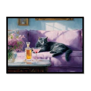 Imagem de Gato preto com estampa de arte de Martini fofo gato peculiar coquetel bar decoração moderna casa cozinha arte de parede pintura em tela pôster estética (SKU4,12 x 16 polegadas = (30 x 40 cm), moldura