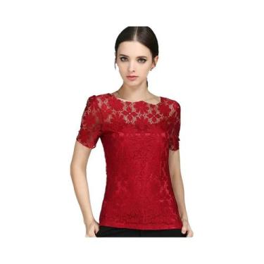 Imagem de Blusa feminina de renda de verão camisa casual sólida oca roupas top -