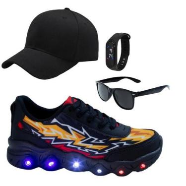 Imagem de Tênis Infantil Led Masculino Jogging Casual Preto Chumbo Fogo +Óculos+
