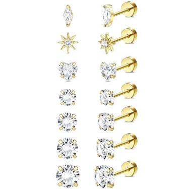 Imagem de Incaton Brincos femininos hipoalergênicos de aço inoxidável cirúrgico banhado a ouro 14 K, zircônia cúbica, cartilagem, brincos para orelhas sensíveis a vários piercings, Small, Metal, Zircônia cúbica