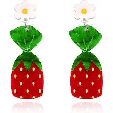 Imagem de Brincos femininos com pingente de morango em formato de gota de morango, vermelho, colorido, acrílico, laranja, pêssego, brincos modernos de frutas, joias, Large, Acrílico, Sem pedra preciosa