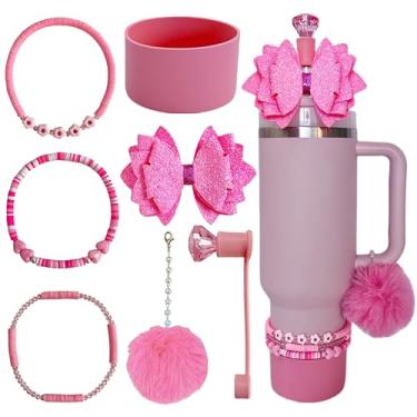 Imagem de Acessórios para Stanley Cup, 1 enfeite de laço de palha, 3 pulseiras de contas para copo 1,134 g, 1 bota de silicone, 1 capa de canudo e 1 berloque de bola pompom para alça de garrafa de água (rosa)