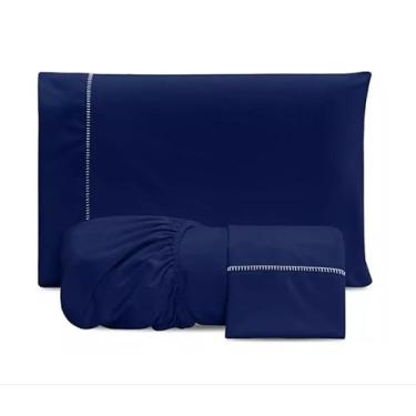 Imagem de Jogo De Cama MicroPercal 200 Fios Com Elástico e Ponto Palito com Toque Macio (Azul Marinho, Casal)