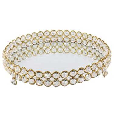Imagem de Bandeja Decorativa Redonda de 2 Filetes Bordada em Cristal Acrílico 31cm(Dourada)