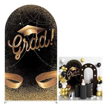 Imagem de Iydamc Congrats Grad Arch Backdrop Cover 2,5 m preto dourado redondo arco elastano capa para decoração de festa de formatura (apenas capa)