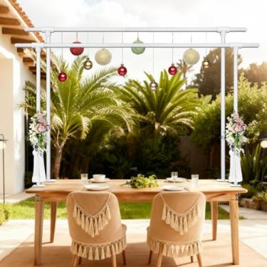 Imagem de Beyeutao Suporte de varão branco sobre a mesa com braçadeiras ajustáveis 40,6 a 221 cm, comprimento 76,2 a 114,3 cm de altura, conjunto de duas peças, arco de mesa, suporte de arco de balão de metal