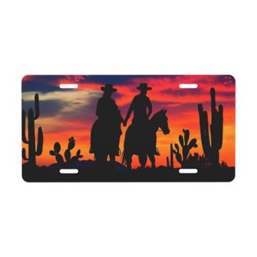 Imagem de Placa de carro de casal caubói pôr do sol ocidental decorativa. Placa de carro de metal. Etiqueta de vaidade. Placa de carro de alumínio Noverlty impermeável Colorfast 30 × 15 cm