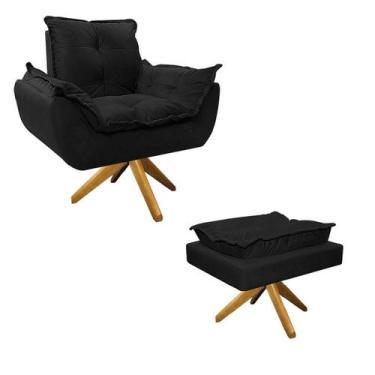 Imagem de Kit Poltrona e Puff Opala Base Giratória de Madeira Suede Preto - Doce
