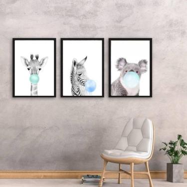 Imagem de Kit 3 Quadros Bichinhos Chicletes Azul 24X18Cm - Com Vidro
