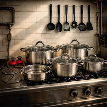 Imagem de Jogo de Panelas 19 Peças Aço Cirurgico Inox Tampa de Vidro Para Fogão Gás e Indução Premium