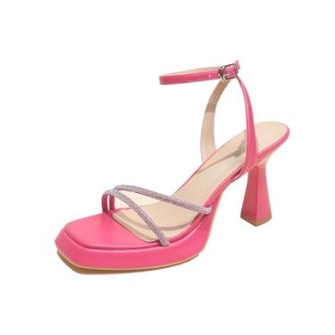 Imagem de TOVCILION Salto alto feminino salto alto bico quadrado aberto tira no tornozelo salto bloco grosso sandálias casamento festa nupcial baile sexy sapatos sociais, Vermelho, 38