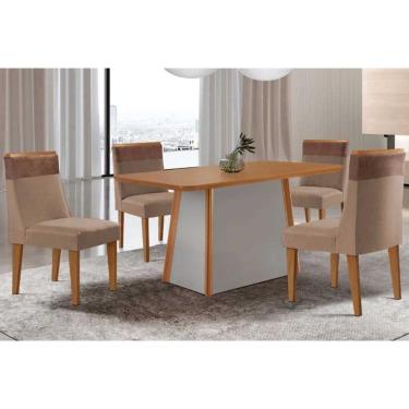Imagem de Mesa Cozinha Tilia c/ Tampo Madeirado Canto Curvo 120x80cm e 4 Cadeiras Jaspe Madeira Maciça Naturale/Off White - Capuccino/Suede Capuccino-Rufato