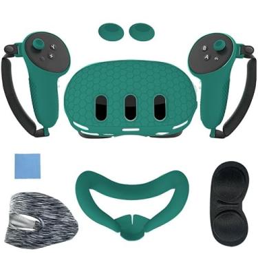 Imagem de Conjunto de capa de silicone compatível com Meta/Oculus Quest 3, capa de fone de ouvido VR, alças de controle, capa de interface facial, capa protetora para lente (verde)