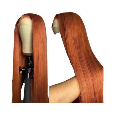 Imagem de Peruca Sintética Longa Lisa Vermelho Cobre Com Renda Frontal 13x4 Pré-