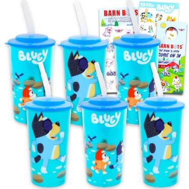 Imagem de Bluey Conjunto de copos de 473 ml - Pacote com 6 copos recarregáveis com canudos para material escolar, esportes, artigos de festa, mais | Garrafas de água Bluey para aniversário de crianças