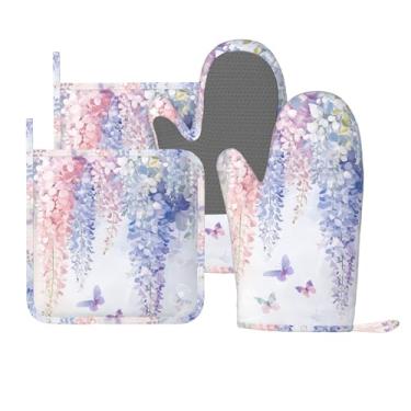 Imagem de Luvas de forno e suportes de panela botânica, borboleta, silicone, acessórios de cozinha, conjunto de 4 luvas longas resistentes ao calor, pegador de panela antiderrapante para chef, cozinhar, assar