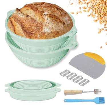 Imagem de Cestas de silicone à prova de pão Sourdough atualizadas (conjunto de 2, 22 polegadas) - incluindo anéis de aço, kit inicial de fermento, cesta redonda dobrável para assar massa fermentada (verde)