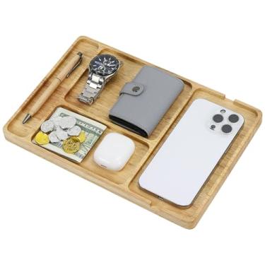 Imagem de Buqoo Bandeja de manobrista de seringueira com compartimento para cabo – Bandeja organizadora de madeira de 29 x 29 cm, organizador de mesa e mesa de cabeceira para chaves, carteira, joias, telefone