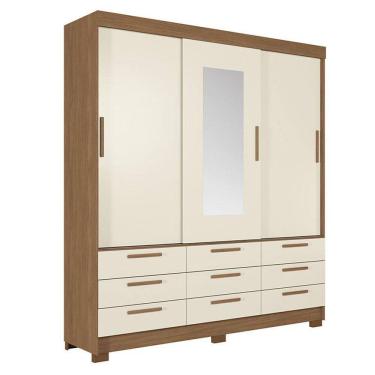 Imagem de Guarda Roupa Casal 3 portas de correr 9 gavetas Morretes com espelho Jatobá Areia - Santos Andirá