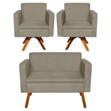 Imagem de Kit 01 Namoradeira e 02 Poltronas Giratória Emília Suede Base Madeira 
