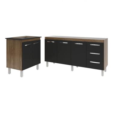 Imagem de Balcão Cozinha Gabinete Para Pia 138 cm Carine e Balcão Para Cooktop 4 Bocas Fran Savana Preto