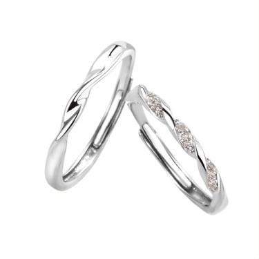 Imagem de Tpocean 1 par de alianças de casamento prateadas finas de cobre para zircônia cúbica embutidas abertas ajustáveis para mulheres e homens, Adjustable, Metal, Zircônia cúbica
