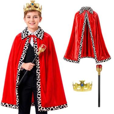 Imagem de Fantasia Rei Infantil Completo Kit Capa de Veludo Coroa Dourada e Cetr