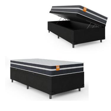 Imagem de Cama Box Solteiro Baú Colchão Molas Branco Preto
